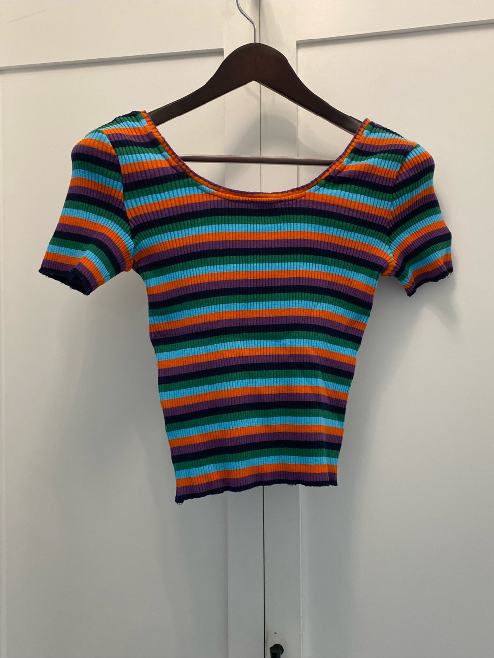 Vintage Multi-Stripe Ribbed Scoop Neck Tee - Blue, Green, Orange, Purple - Picture 4 of 11